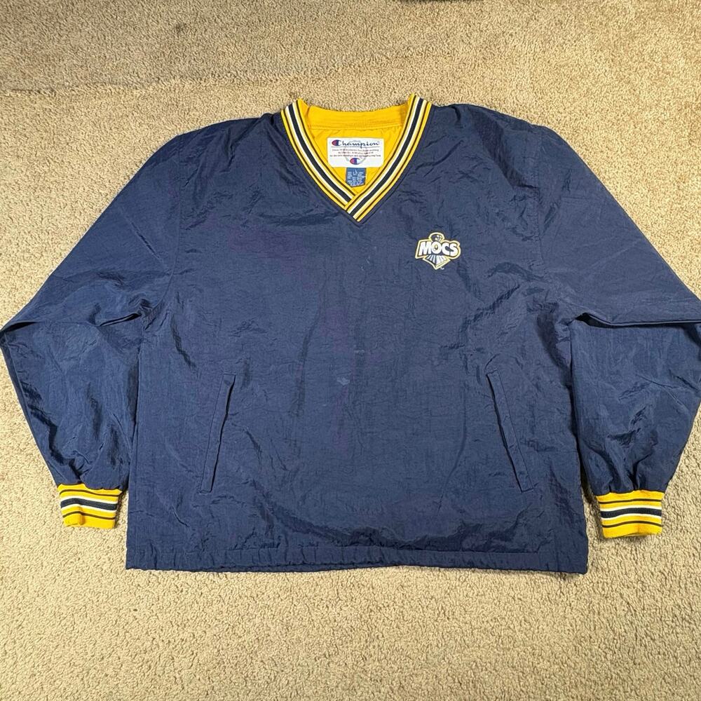VTG Champion Mocs Pullover Windbreaker Jacket Navy Blue Yellow Striped Trim Sz L